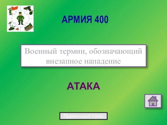 АТАКА Военный термин, обозначающий внезапное нападение АРМИЯ 400 Правильный ответ