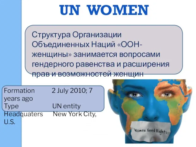 UN WOMEN Структура Организации Объединенных Наций «ООН-женщины» занимается вопросами гендерного равенства и