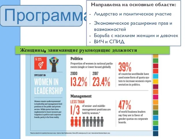 Программа Направлена на основные области: Лидерство и политическое участие Экономическое расширение прав