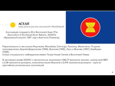 АСЕАН https://www.youtube.com/watch?v=WAnfj8v5acM Ассоциация государств Юго-Восточной Азии (The Association of Southeast Asian Nations,