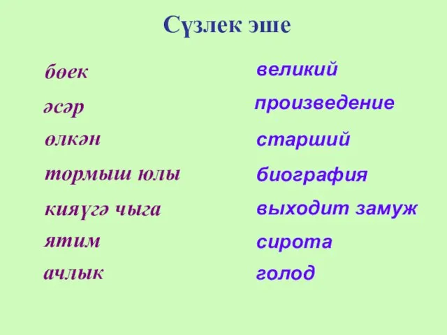 Сүзлек эше бөек әсәр өлкән тормыш юлы кияүгә чыга ятим ачлык великий