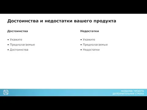 Достоинства и недостатки вашего продукта • Укажите • Предполагаемые • Достоинства •