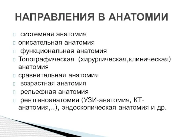 системная анатомия описательная анатомия функциональная анатомия Топографическая (хирургическая,клиническая) анатомия сравнительная анатомия возрастная