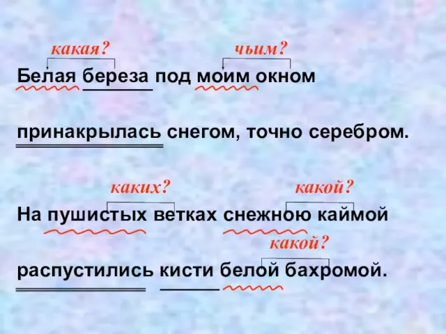 какая? чьим? Белая береза под моим окном принакрылась снегом, точно серебром. каких?