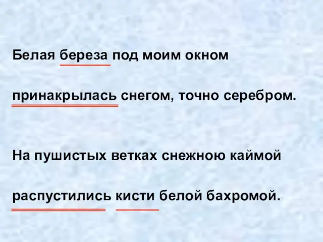 Белая береза под моим окном принакрылась снегом, точно серебром. На пушистых ветках