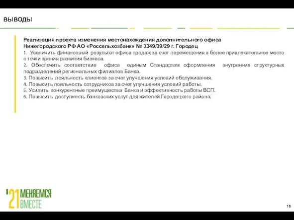 ВЫВОДЫ Реализация проекта изменения местонахождения дополнительного офиса Нижегородского РФ АО «Россельхозбанк» №