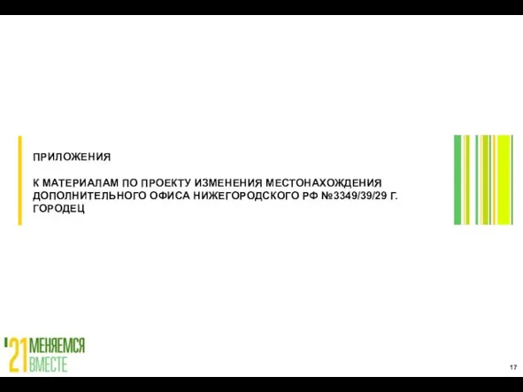 ПРИЛОЖЕНИЯ К МАТЕРИАЛАМ ПО ПРОЕКТУ ИЗМЕНЕНИЯ МЕСТОНАХОЖДЕНИЯ ДОПОЛНИТЕЛЬНОГО ОФИСА НИЖЕГОРОДСКОГО РФ №3349/39/29 Г. ГОРОДЕЦ