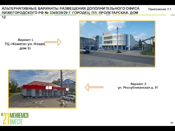 Приложение 7.1 АЛЬТЕРНАТИВНЫЕ ВАРИАНТЫ РАЗМЕЩЕНИЯ ДОПОЛНИТЕЛЬНОГО ОФИСА НИЖЕГОРОДСКОГО РФ № 3349/39/29 Г.