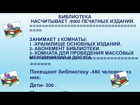 БИБЛИОТЕКА НАСЧИТЫВАЕТ -9000 ПЕЧАТНЫХ ИЗДАНИЙ. ====================================== ЗАНИМАЕТ 3 КОМНАТЫ: 1 -ХРАНИЛИЩЕ ОСНОВНЫХ