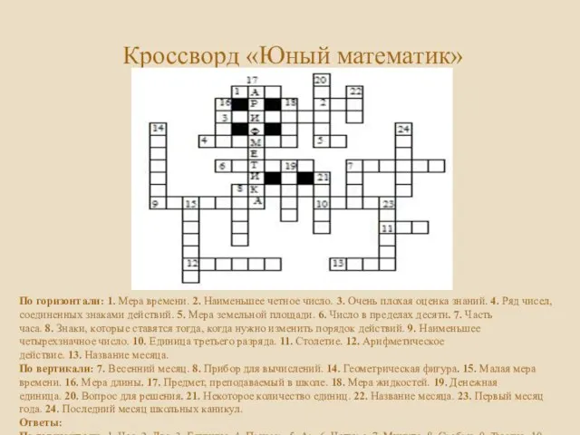 Кроссворд «Юный математик» По горизонтали: 1. Мера времени. 2. Наименьшее четное число.