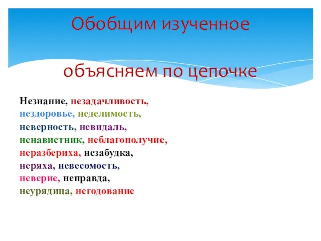 Обобщим изученное объясняем по цепочке Незнание, незадачливость, нездоровье, неделимость, неверность, невидаль, ненавистник,