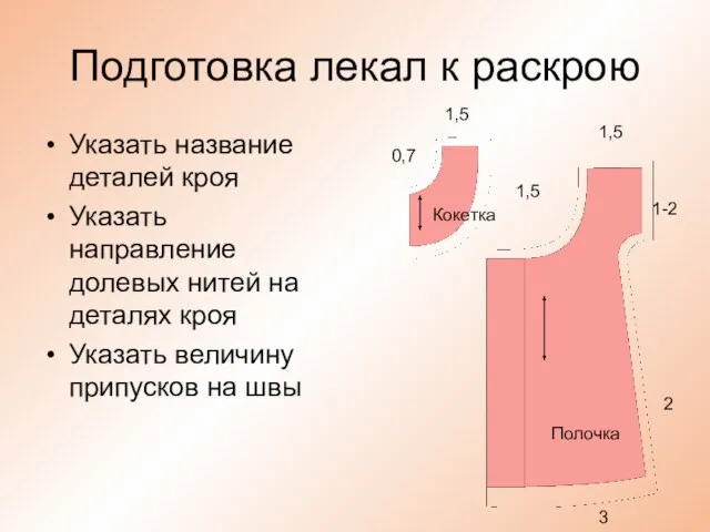 Подготовка лекал к раскрою Указать название деталей кроя Указать направление долевых нитей