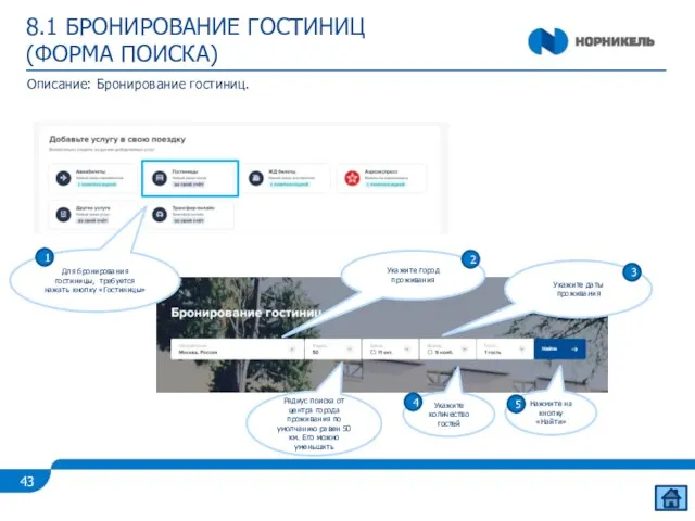 8.1 БРОНИРОВАНИЕ ГОСТИНИЦ (ФОРМА ПОИСКА) Описание: Бронирование гостиниц. Для бронирования гостиницы, требуется