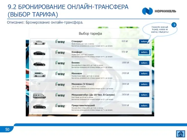 9.2 БРОНИРОВАНИЕ ОНЛАЙН-ТРАНСФЕРА (ВЫБОР ТАРИФА) Описание: Бронирование онлайн-трансфера. Укажите нужный тариф, нажав на кнопку «Выбрать» 3