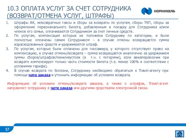 10.3 ОПЛАТА УСЛУГ ЗА СЧЕТ СОТРУДНИКА (ВОЗВРАТ/ОТМЕНА УСЛУГ, ШТРАФЫ) Штрафы АК, невозвратные