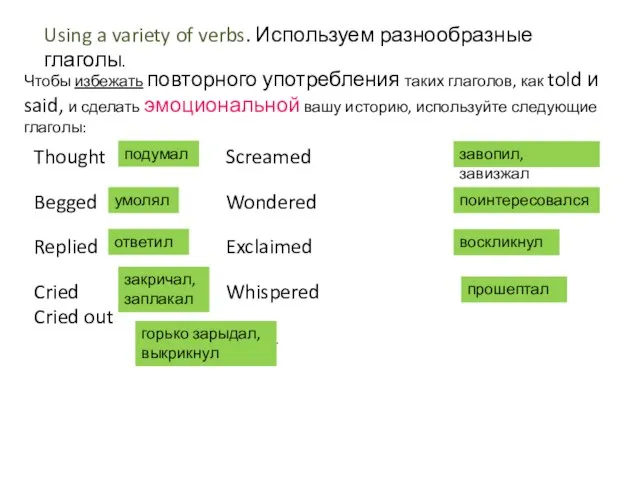 Using a variety of verbs. Используем разнообразные глаголы. Чтобы избежать повторного употребления