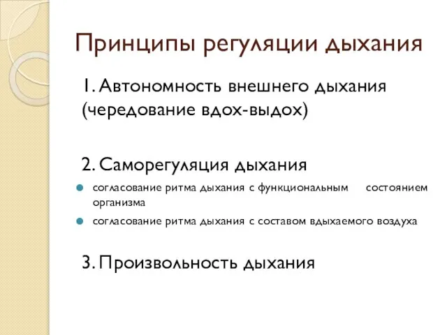 Принципы регуляции дыхания 1. Автономность внешнего дыхания (чередование вдох-выдох) 2. Саморегуляция дыхания