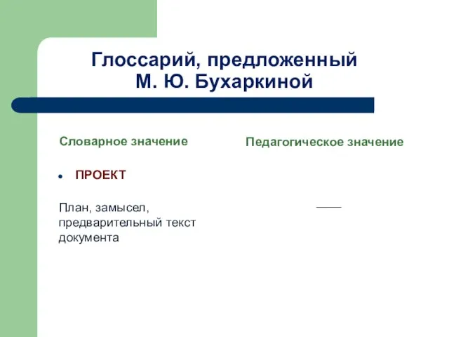 Глоссарий, предложенный М. Ю. Бухаркиной Словарное значение ПРОЕКТ План, замысел, предварительный текст документа Педагогическое значение