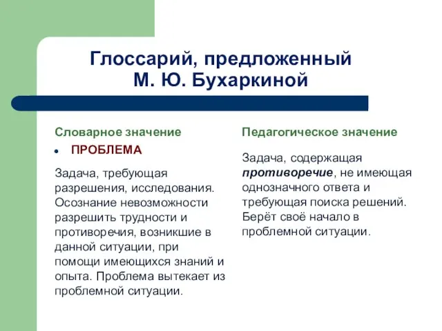 Глоссарий, предложенный М. Ю. Бухаркиной Словарное значение ПРОБЛЕМА Задача, требующая разрешения, исследования.