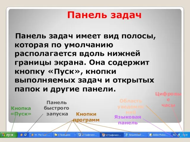 Панель задач Панель задач имеет вид полосы, которая по умолчанию располагается вдоль