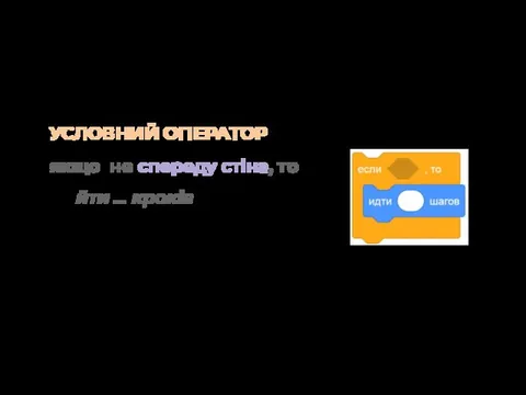 якщо не спереду стіна, то йти … кроків УСЛОВНИЙ ОПЕРАТОР Перевірка умови виконується один раз.