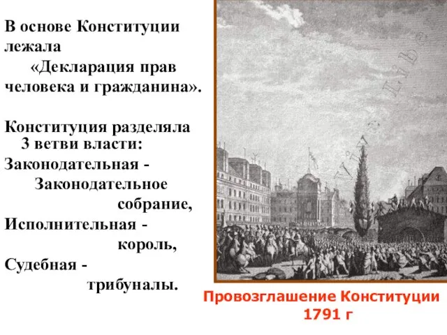 В основе Конституции лежала «Декларация прав человека и гражданина». Конституция разделяла 3