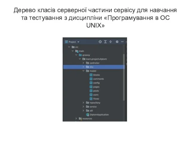 Дерево класів серверної частини сервісу для навчання та тестування з дисципліни «Програмування в ОС UNIX»