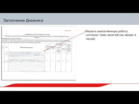 Заполнение Дневника Указать выполненную работу согласно теме занятий (не менее 8 часов).