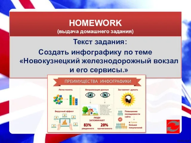 HOMEWORK (выдача домашнего задания) Текст задания: Создать инфографику по теме «Новокузнецкий железнодорожный вокзал и его сервисы.»