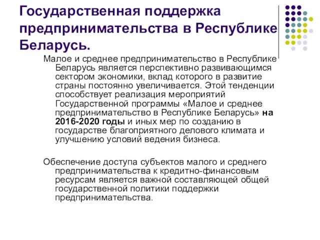 Государственная поддержка предпринимательства в Республике Беларусь. Малое и среднее предпринимательство в Республике