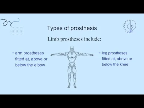 leg prostheses fitted at, above or below the knee Types of prosthesis