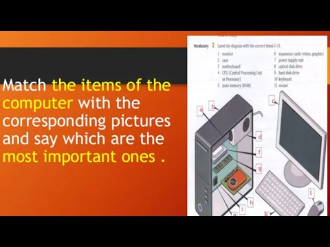 Match the items of the computer with the corresponding pictures and say
