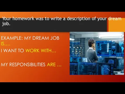 Your homework was to write a description of your dream job. EXAMPLE: