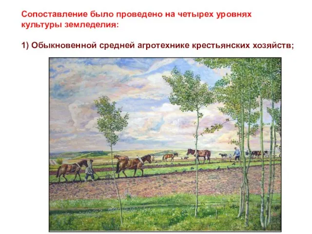 Сопоставление было проведено на четырех уровнях культуры земледелия: 1) Обыкновенной средней агротехнике крестьянских хозяйств;