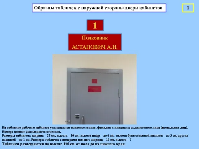 Полковник АСТАПОВИЧ А.И. 1 На табличке рабочего кабинета указываются воинское звание, фамилия