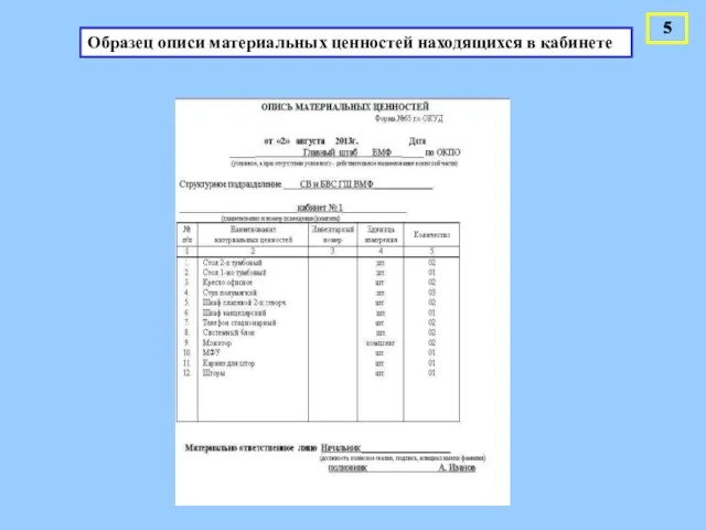 Образец описи материальных ценностей находящихся в кабинете 5