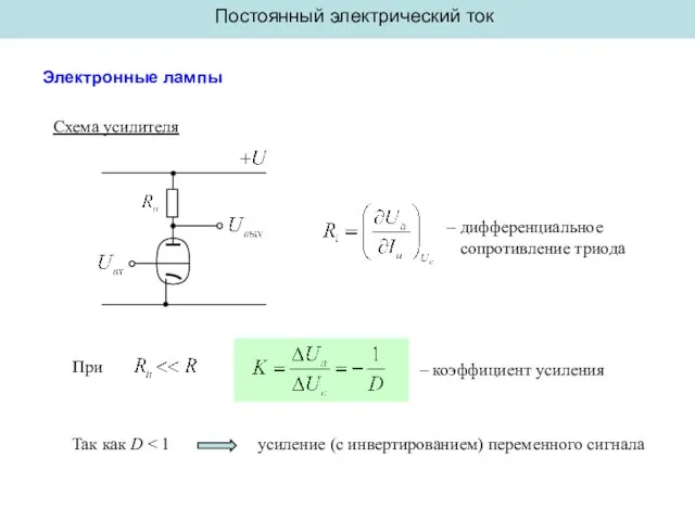 Постоянный электрический ток Электронные лампы Схема усилителя – дифференциальное сопротивление триода При