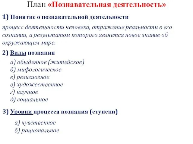 План «Познавательная деятельность» 1) Понятие о познавательной деятельности процесс деятельности человека, отражение