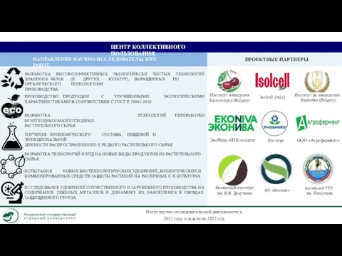 ЦЕНТР КОЛЛЕКТИВНОГО ПОЛЬЗОВАНИЯ НАПРАВЛЕНИЯ НАУЧНО-ИССЛЕДОВАТЕЛЬСКИХ РАБОТ ПРОЕКТНЫЕ ПАРТНЕРЫ ВЫСОКОЭФФЕКТИВНЫХ ЭКОЛОГИЧЕСКИ ЧИСТЫХ РАЗРАБОТКА