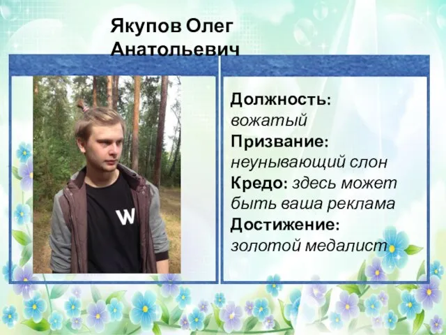 Должность: вожатый Призвание: неунывающий слон Кредо: здесь может быть ваша реклама Достижение: