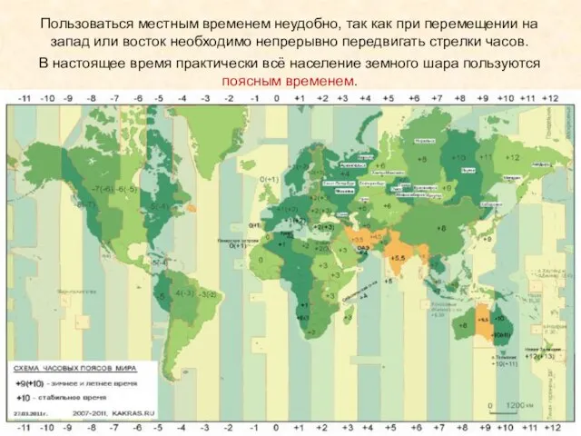 Пользоваться местным временем неудобно, так как при перемещении на запад или восток