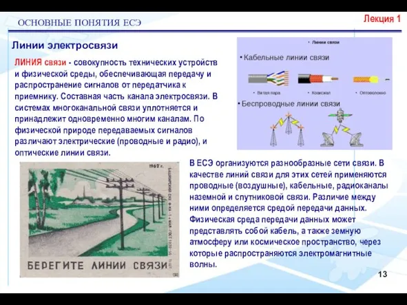 ОСНОВНЫЕ ПОНЯТИЯ ЕСЭ Линии электросвязи Лекция 1 ЛИНИЯ связи - совокупность технических