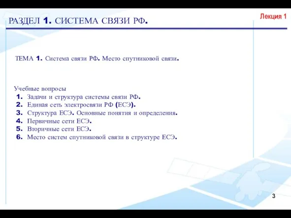 ТЕМА 1. Система связи РФ. Место спутниковой связи. Учебные вопросы 1. Задачи