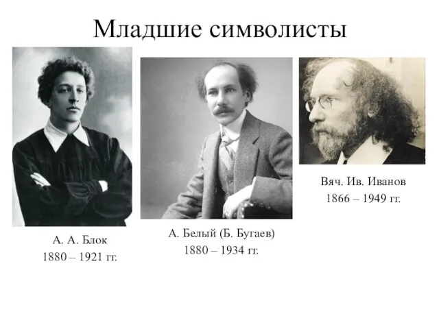 Младшие символисты А. А. Блок 1880 – 1921 гг. А. Белый (Б.