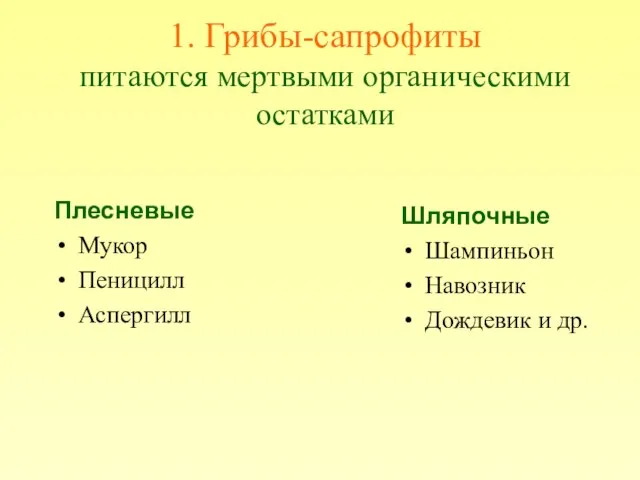 1. Грибы-сапрофиты питаются мертвыми органическими остатками Плесневые Мукор Пеницилл Аспергилл Шляпочные Шампиньон Навозник Дождевик и др.