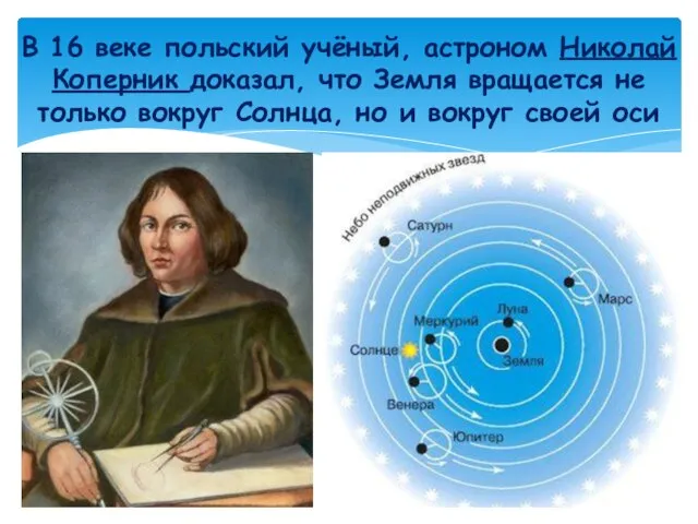 В 16 веке польский учёный, астроном Николай Коперник доказал, что Земля вращается