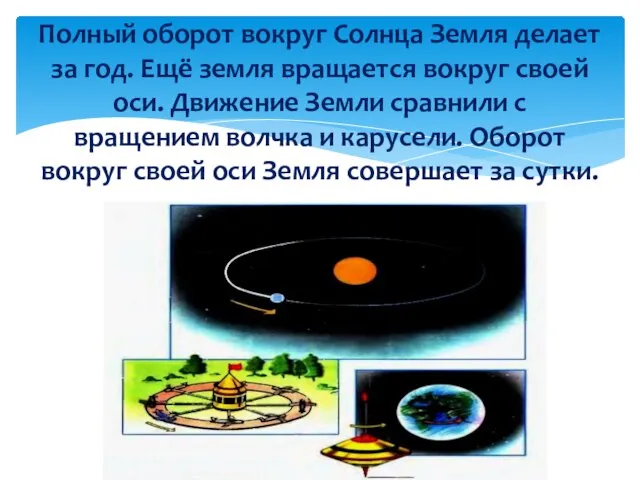 Полный оборот вокруг Солнца Земля делает за год. Ещё земля вращается вокруг