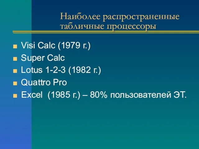 Наиболее распространенные табличные процессоры Visi Calc (1979 г.) Super Calc Lotus 1-2-3