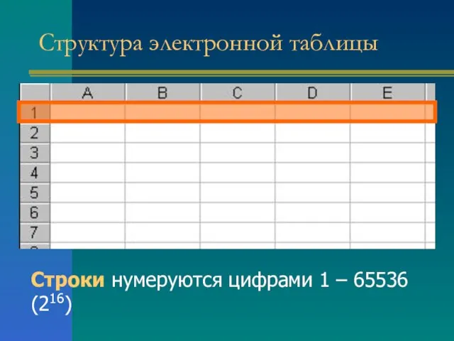 Строки нумеруются цифрами 1 – 65536 (216) Структура электронной таблицы