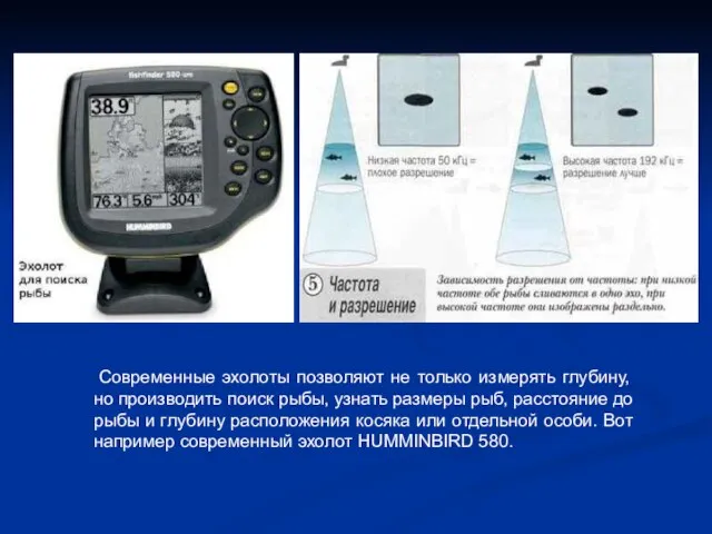 Современные эхолоты позволяют не только измерять глубину, но производить поиск рыбы, узнать